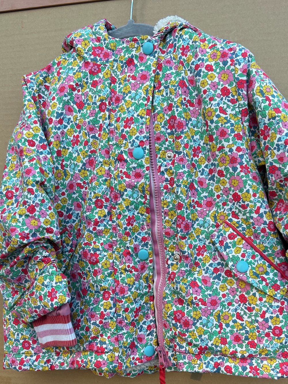 Mini Boden Liberty of London Vibrant Floral Sherpa Hooded Button ZipToddler Coat